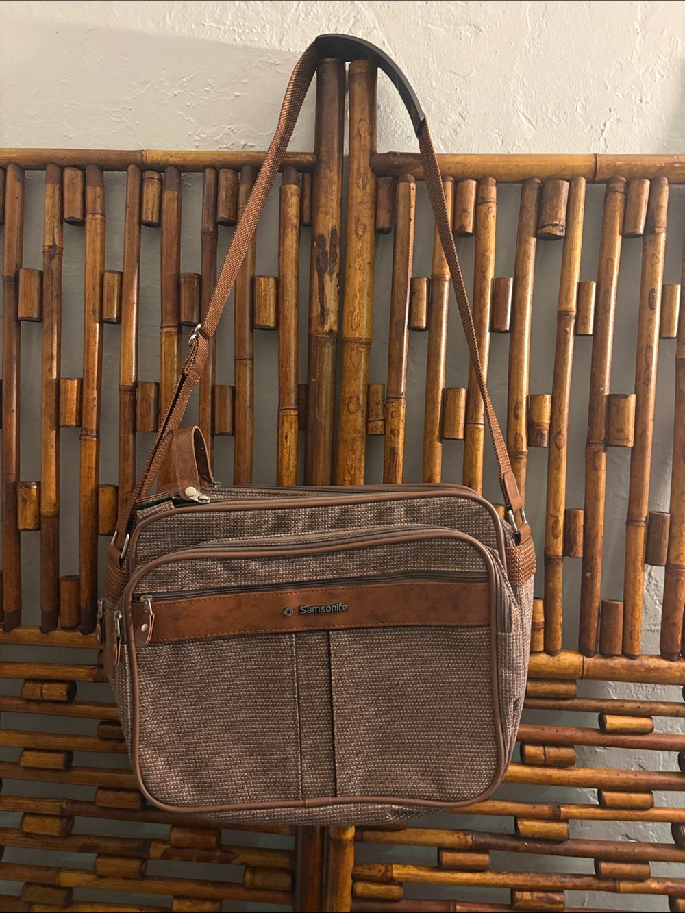 vintage Samsonite shoulder carry-on travel overnight bag brown tweed preppy